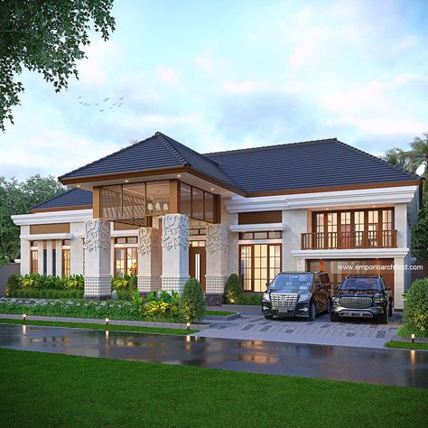 "1786th Design" . This house design is owned by our client in Bengkulu. Appearing aesthetically with natural stone finish decorated with Balinese pillars and ornaments, this Balinese villa style house looks charming, embellished by a tropical garden at the front. Then, to make the house feel beautiful with the impression of a villa-style vacation, we equipped the backyard area with patio, gazebo and green tropical garden. Wow, it must be refreshing to relax here! . The 12th design of June, 16... Balinese House Design, Modern Balinese House, Balinese Villa, Emporio Architect, Backyard Area, Villa Style, Patio Gazebo, Feel Beautiful, June 16