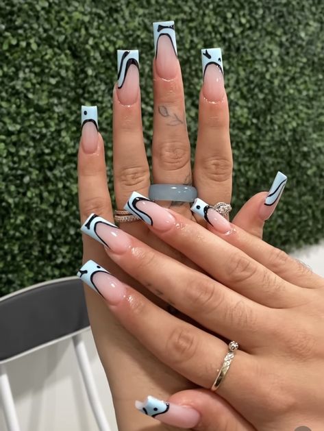 Blue and black nail art Black And Baby Blue Nails, Baby Blue And Black Nails, Blue And Black Nail Art, Light Blue And Black Nails, Blue And Black Nails, Black White Nails, Blue Coffin Nails, Baby Blue Nails, Black Nail Art