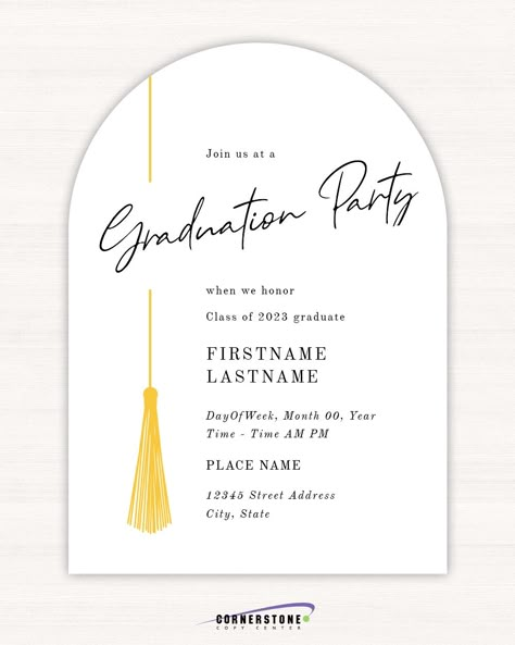 Standard and Die Cut shaped Graduation Invitations and Announcements from Cornerstone Copy at www.cornerstonecopy.com. Graduation Party Cards Invitations, Graduation Invitation Ideas Templates, Invitation Card Design Graduation, Graduation Invitation Ideas, Graduation Invitation Design, Graduation Party Cards, Graduation Invitation Cards, Graduation Table Decorations, Graduation Party Invitations Templates