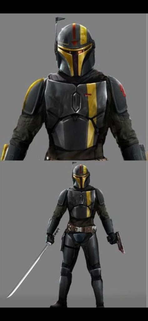 Jedi Outfit Concept Art, Mandolorian Armor Concepts, Star Wars Mandalorian Armor, Mandolorian Armour Gauntlet, Yellow Mandalorian Armor, Mandalorian Armor Design, Mandalorian Helmet Designs, Mando Oc, Assassins Creed Anime