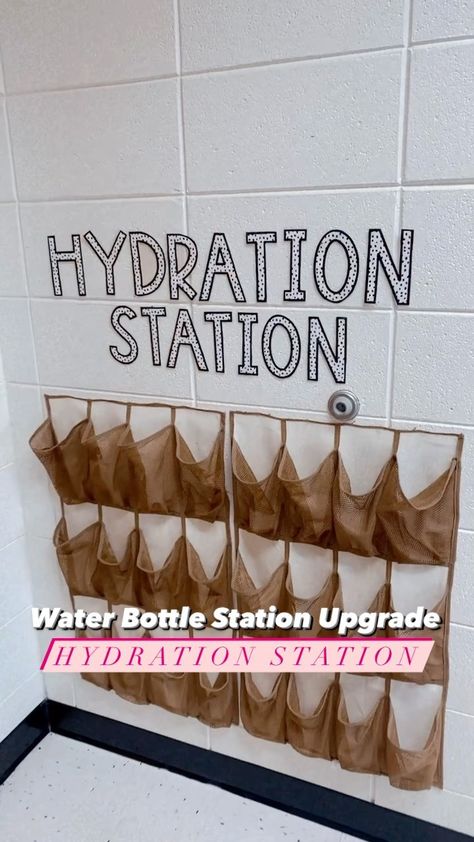 Upgraded the name of the water bottle station to the hydration station! It flows better 😉 I made the letters from… | Instagram Preschool Water Bottle Storage, Student Water Bottle Holder, How To Store Water Bottles In Classroom, Daycare Water Bottle Storage, Class Water Bottle Storage, Classroom Water Bottle Holder, Hydration Station Ideas Classroom, Water Bottle Organization Classroom, Water Bottle Parking Lot Classroom