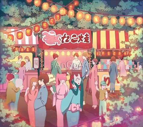 Natsu Matsuri Festivals, Japan Summer Festival Illustration, Japan Festival Illustration, Japanese Festival Anime Background, Japan Summer Festival Aesthetic, Japanese Festival Drawing, Japanese Festival Illustration, Japanese Festival Art, Tanabata Festival Japan