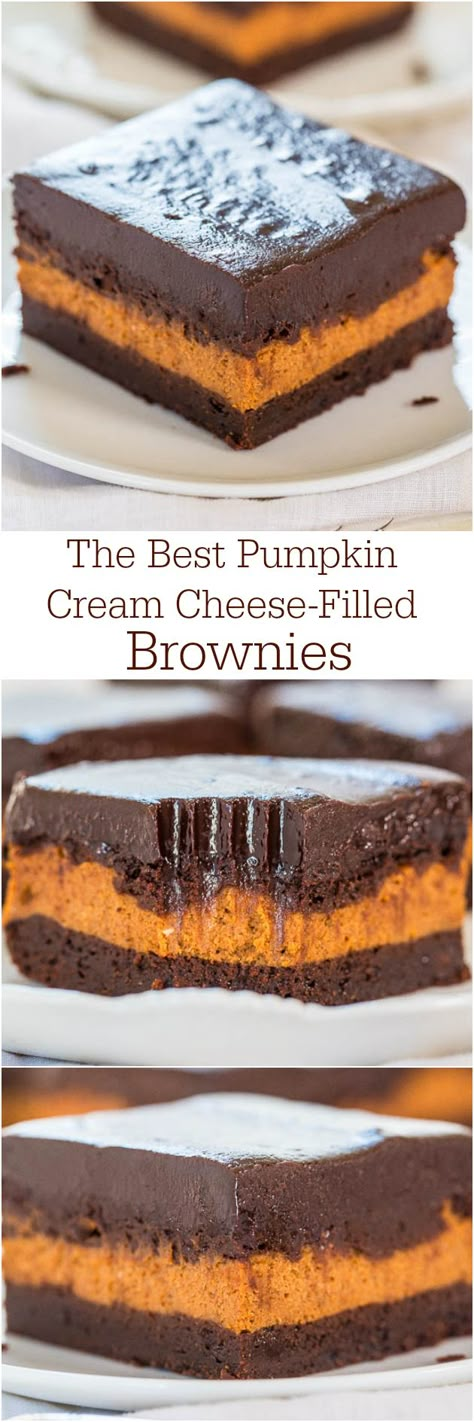 The Best Pumpkin Cream Cheese-Filled Brownies - A layer of pumpkin cheesecake inside fudgy brownies! Best pumpkin brownies ever!! Brownie Parfait, Filled Brownies, Winter Flavors, Pumpkin Brownies, Future Chef, Averie Cooks, Pumpkin Cream Cheese, Pumpkin Cream Cheeses, Thanksgiving Treats