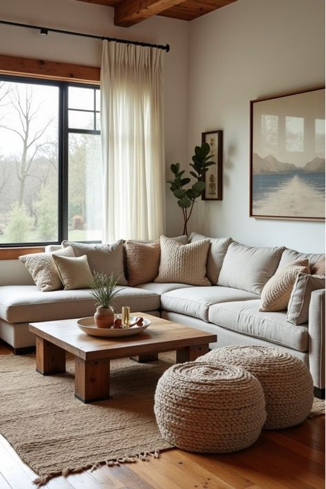 #livingroom Living Room Decor Wood Floor, Cozy Organic Modern Living Room, Cozy Couch Living Room, Earthy Organic Living Room, Rustic Cozy Living Rooms, Sectional Small Living Room, Earthy Minimalist Living Room, Neutral Color Living Room Ideas, Minimalist Cozy Living Room