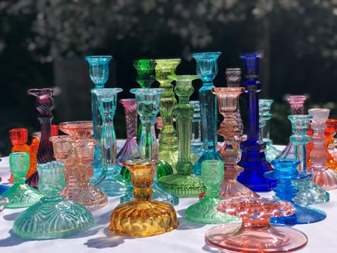 Anthropologie Glass Candle Holder, Colorful Bottles Decor, Colorful Candle Stick Holders, Colorful Glass Candle Holders, Colored Glass Candle Holders, Multicolored Glassware Wedding, Colored Glass Candlesticks, Multi Colored Bridal Party, Colorful Glassware Wedding