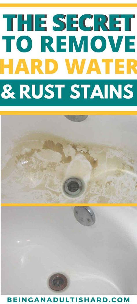 How to remove rust stains from bathtub, toilet and sinks and hard water mineral deposits in your bathtub, sink or toilet. Try this secret ingredient to beat them forever. The natural, environmentally friendly secret ingredient to remove rust stains, hard water stains, mineral and lime deposits from tubs, toilets, showers, shower glass doors and sinks. Try it! Shower Glass Doors, Porcelain Tub, Remove Yellow Stains, Homemade Cleaning Recipes, Remove Rust Stains, Remove Water Stains, Hard Water Spots, Remove Rust, Hard Water Stain Remover