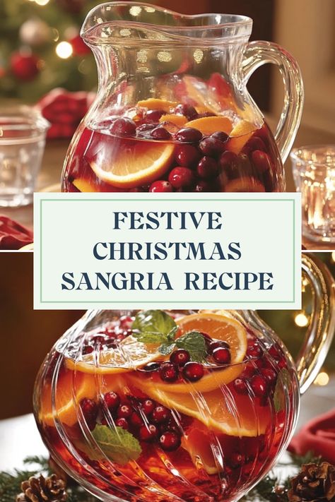 An inviting image of a refreshing scaled pitcher of Christmas Sangria featuring vibrant slices of oranges, limes, and berries, promising a festive flavor experience. This pin showcases the ideal fruity punch for holiday gatherings. Sangria In Punch Bowl, Christmas Sangria Punch Bowl, Sangria Recipes With Prosecco, Red Wine Sangria Christmas, White Wine Cranberry Sangria, Christmas Red Sangria Recipes, Red Christmas Sangria Recipe, Pitcher Christmas Drinks, Christmas Sangria White Wine