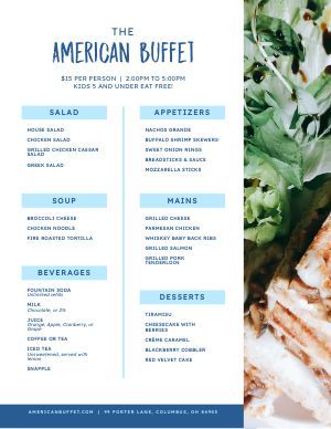 American Menu Templates - Ready to Customize - MustHaveMenus Platter Menu Design, Buffet Menu Cards, Wedding Menu Signs Buffet, Buffet Style Menu Cards, Continental Menu, American Buffet, Breakfast Menu Design, Salad Menu, Menu Maker