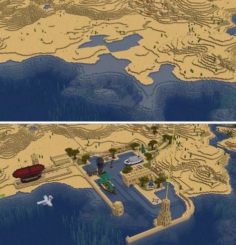 Desert Port Minecraft, Minecraft Desert Builds, Minecraft Port, Minecraft Building Guide, Minecraft Structures, Minecraft Pictures, Minecraft Castle, Diy Minecraft, Minecraft Medieval