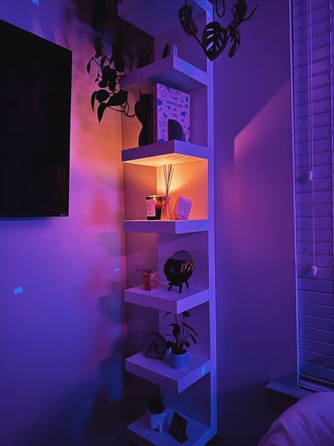 Bedroom Ikea Shelf, Ikea Perfume Shelf, Ikea Shelves Aesthetic, Lack Shelf Decor Bedroom, Lack Wall Shelf Decor Ideas, Baddie Rooms Ideas, Lack Ikea Shelf, Ikea Lack Shelf Decor, Lack Wall Shelf Ideas