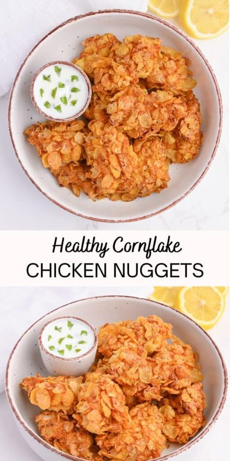 Healthy Cornflake Chicken Nuggets Recipe Cornflake Chicken, Healthy Chicken Nuggets, Chicken Nuggets Recipe, Crispy Recipes, Baked Chicken Nuggets, Homemade Chicken Nuggets, Chicken Nugget Recipes, Healthy Low Calorie Meals, Nuggets Recipe