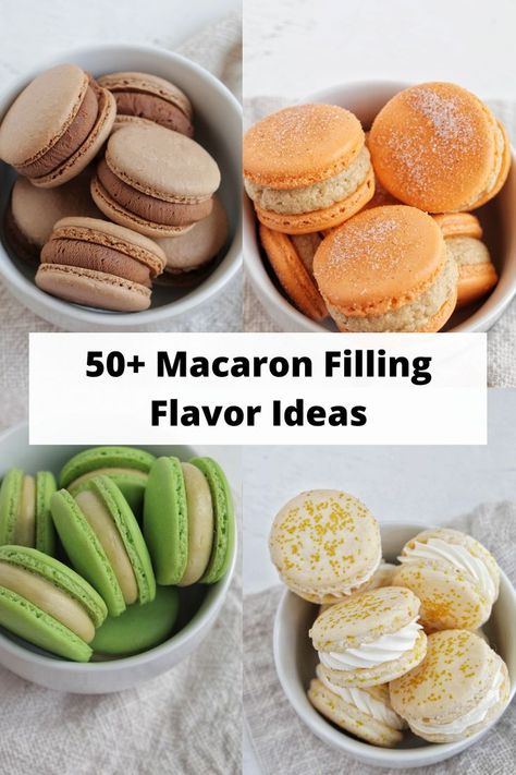 four flavors of macarons all sitting in separate bowls. Maccarone Filling Recipe, Macarons Filling Ideas, Macaron Cookies Recipe, Macrons For Beginners, Flavor Combos, Macaroon Tutorial, Macaron Fillings Ideas, Macarons For Beginners, Macarons Fillings Recipe