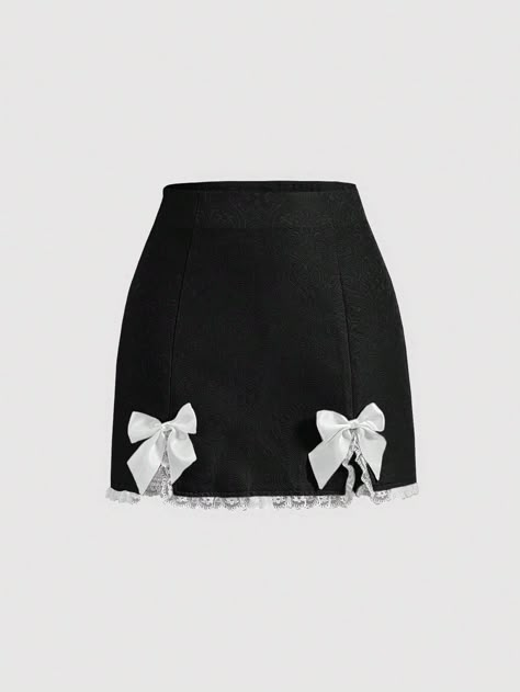 SHEIN MOD Bow Front Lace Trim Split Hem Skirt | SHEIN USA Cute Black Skirt, Skirt With Lace Trim, Shein Skirts, Split Hem Skirt, Bow Skirt, Embellished Skirt, Women Skirts, Hem Skirt, Straight Skirt