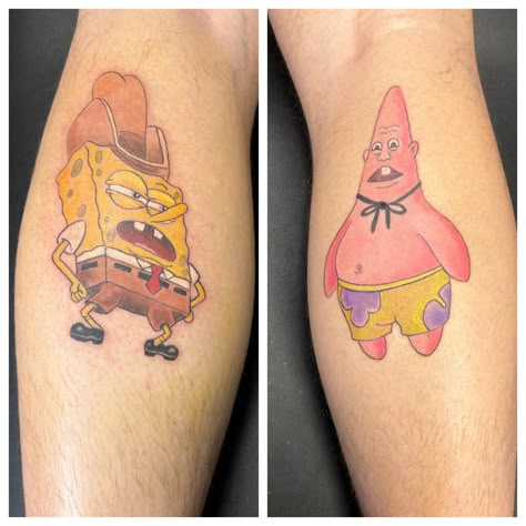 Brother Sister Tattoo Cartoon, Step Brothers Tattoo Ideas, Spongebob Couple Tattoo, Spongebob Friendship Tattoo, Spongebob And Patrick Tattoo Matching, Spongebob Best Friend Tattoos, Sideshow Bob Tattoo, Matching Shrek Tattoos, Matching Tattoos Spongebob