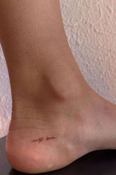 Small Self Love Tattoo, Minimalist Tattoo Placement, Matching Fine Line Tattoos, Written Tattoos, Hidden Tattoo Placement, Tattoo Text, Wörter Tattoos, Tattoos Foot, Lovely Tattoo