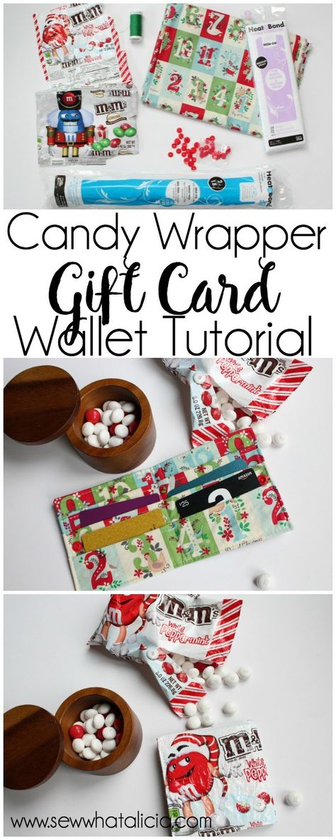 Candy Wrapper Gift Card Wallet Tutorial: This tutorial lets you eat lots of delicious candy! Use the wrappers to create a cute gift card wallet to fill with gift cards and gift to your favorite person! Click through for the full sewing tutorial. | www.sewwhatalicia.com Card Wallet Tutorial, Holiday Hand Towels, Wallet Tutorial, Diy Gift Card, Candy Wrapper, Trendy Sewing, Sewing Project Ideas, Holiday Candy, Candy Wrappers