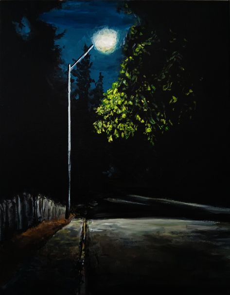 A lonely street illuminated by a streetlamp you encounter on a quiet walk at night. Quality print of original acrylic painting Dark Night Painting, Night Road Painting, Street Light Painting, Night Walk Illustration, Street Lamp Painting, Streetlamp Painting, Night Street Painting, Night Landscape Painting, Gloomy Landscape Painting