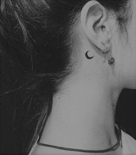 35 Behind The Ear Tattoos That Are Low-key Gorgeous - 280 Elegant Moon Tattoo, Moon Behind Ear Tattoo, Moon Neck Tattoo, Behind The Ear Tattoos, Delicate Tattoos For Women, Small Moon Tattoos, Behind Ear Tattoos, Ear Tattoos, Small Pretty Tattoos