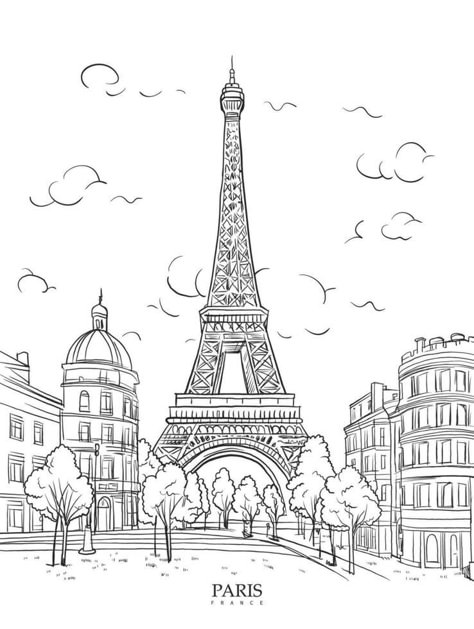 Eiffel Tower in Paris city landscape, minimalism, line art, white background Eiffel Tower Line Art, Paris Art Drawings, Line Art White Background, Eiffel Tower Picture Ideas, Efile Tower, Watercolor Buildings, Art White Background, Paris Background, Inktober Ideas