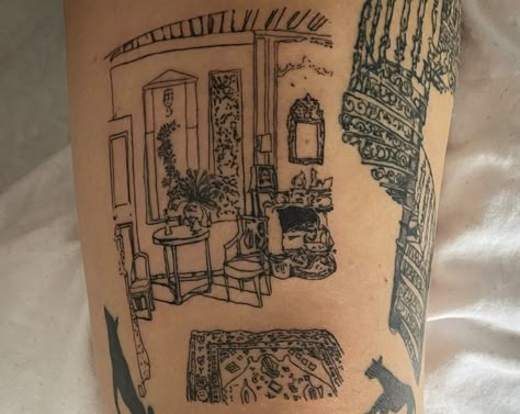 Coffee Shop Tattoo, Tattoo Interior Design, Gallery Wall Tattoo, Interior Design Tattoo, Art History Tattoo, Furniture Tattoo, Room Tattoo, Whimsical Tattoo, Aesthetic Tattoo Ideas