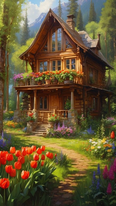 Painting of a house in the woods with flowers and trees Painting Of A House Acrylic, Character Flower House Vibe, A House In The Woods, Painting Of A House, Cottage Core House, Fairytale House, Small Cottage Homes, House In Nature, Scenery Paintings