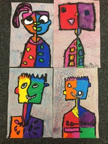 First Grade artists are studying the life and work of Pablo Picasso.  1st grade artists learned about the art of Pablo Picasso. We read a book about him saw how his art changed from realistic to abstr First Grade Painting Projects, Picasso Art Project, Picasso Kids, Grade 1 Art, Picasso Portraits, First Grade Art, Art Picasso, 2nd Grade Art, Classroom Art Projects