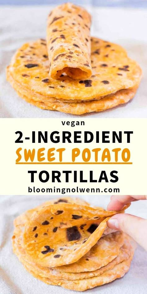 2-ingredient vegan sweet potato tortillas are easy to make and ready in 15 minutes! These homemade tortillas are soft, healthy, delicious and can be made gluten-free! #tortillas #sweetpotato #homemadetortillas Easy Vegan Low Carb Meals, Healthy Sweet Potato Cornbread, Sweet Potatoes Tortillas, Vegetarian Recipes With Sweet Potatoes, Riced Sweet Potato Recipes, Basic Ingredient Recipes, Vegan Sweet Potato Recipes Dinners, Sweet Potato Sweet Recipes, Cassava Arepas