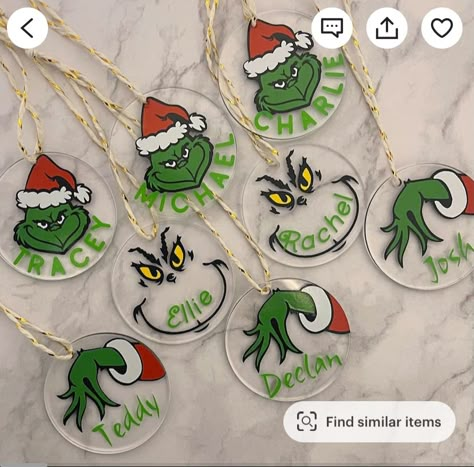 Grinch Acrylic Ornaments, How To Make Grinch Ornaments, Grinch Ornaments Diy, Grinch Gifts, Grinch Design, Cricut Ornaments, Cardboard Rolls, Grinch Ornaments, Christmas Crafts To Sell