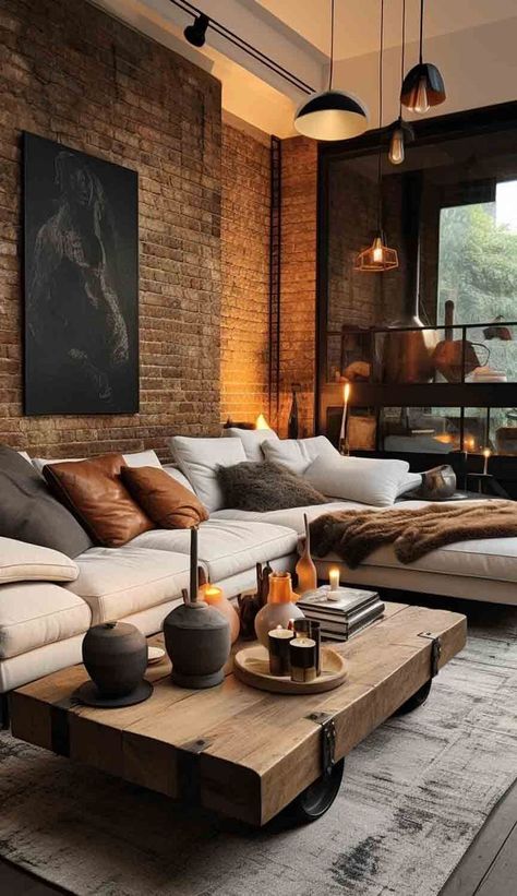 home decor inspiration Brick Living Room, Desain Pantry, Muted Palette, Contemporary Elements, Industrial Interior Design, Brick Walls, A Living Room, Exposed Brick, Tv Wall