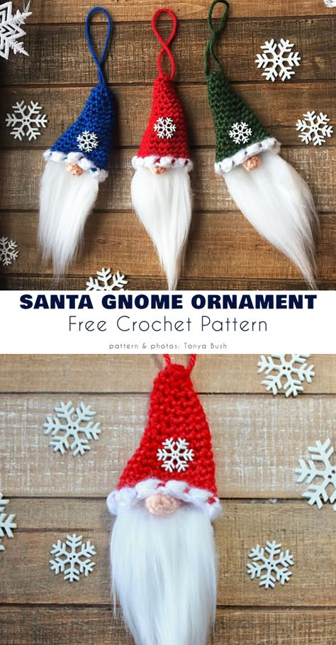 Santa Gnome Ornament Christmas Craft Fair Makes, Crochet Christmas Tree Gnomes Free Pattern, Crochet Christmas Craft Fair Ideas, Xmas Crochet, Crochet Gnomes, Gnome Amigurumi, Crochet Santa Hat, Large Christmas Wreath, Small Bunny