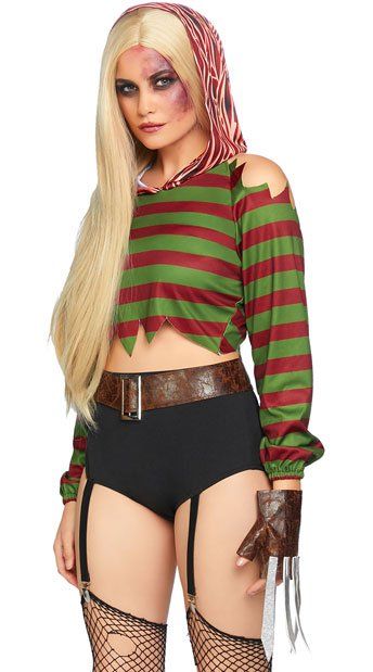 Killer Costume, Garter Shorts, Freddy Krueger Costume, Cold Shoulder Crop Top, Horror Costume, Short Gloves, Scary Costumes, Leg Avenue, Thigh High Stockings