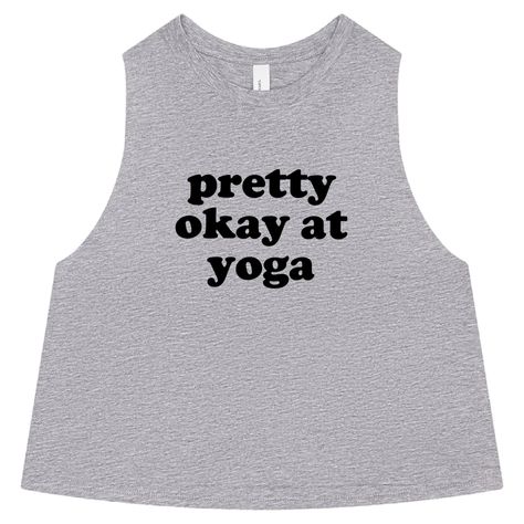 Yoga Tank Top | Yoga Crop Top | Funny Yoga Shirt | Yoga Lover | Yoga Gift | Women's Yoga Shirt | Pretty Okay at Yoga the women's flowy racerback crop tank brand: bella canvas 52/48 airlume combed + ring-spun cotton/polyester jersey athletic heather is 90/10 airlume combed + ring-spun cotton/polyester jersey relaxed, cropped fit. raw edge, elongated armholes. true to size crop. custom created by hand just for you with high quality vinyl please note colors may vary by computer monitor handmade to order just for you in 3-5 business days each shirt is made to order just for you by me in Ohio (hi, i'm Hannah)! each item is custom created by hand with a high quality heat transfer that should not be ironed over. please turn garment inside out, wash on cold, gentle cycle with no fabric softeners o Yoga Crop Tops, Funny Yoga, Yoga Tank Top, Yoga Shirt, Yoga Tank, Yoga Tank Tops, Yoga Gifts, Yoga Shirts, Yoga Women