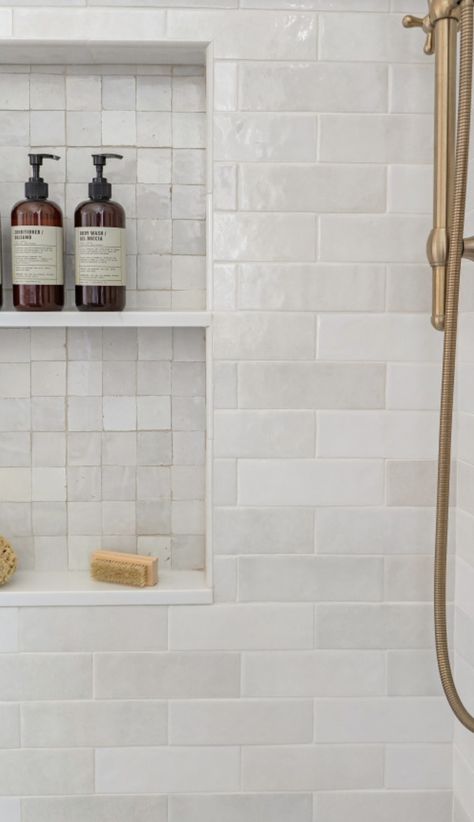 Shower Glass Half Wall, Soap Niche, Tile Shower Shelves, Shower Nook, Timeless Shower Tile, Trim Around Shower Surround, Bathtub Niche, Stacked Tile Shower Wall, Shower Niche Ideas