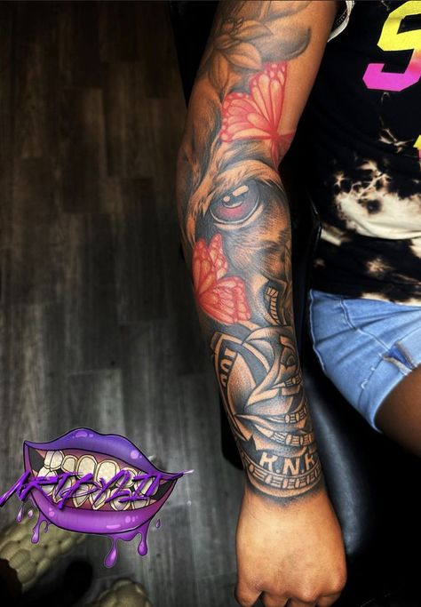 Red And Black Sleeve Tattoo, Whole Arm Tattoos For Women, Black And Red Sleeve Tattoo, Half Sleeve Tattoos For Women Lower Arm, Red And Black Tattoo, Half Arm Sleeve Tattoo, Cute Shoulder Tattoos, Girl Shoulder Tattoos, Girl Thigh Tattoos