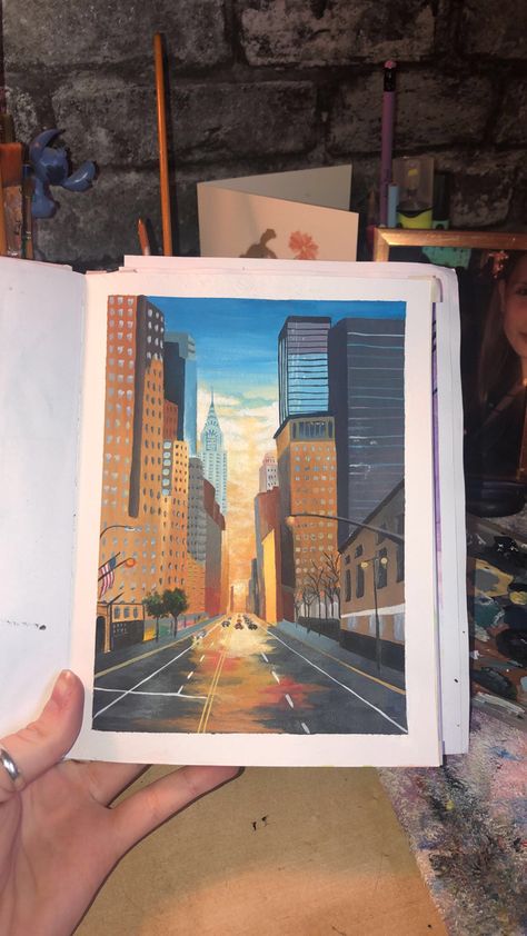 Gouache Cityscape, Aesthetic Gouache Art, Guache Art, Nyc Painting, Watercolor Portrait Painting, Painting Gouache, Gouache Illustrations, Pen Art Drawings, Gouache Art