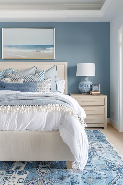 Coastal Bedroom: Relaxed and Breezy Vibes - Quiet Minimal Seaside Apartment Decor, Beach House Master Room, Bedroom Pallet Ideas Colour Schemes, Beach Blue Bedroom, Room Color Ideas Bedroom Paint Inspiration Interior Design, Coastal Blue Accent Wall, Bedroom Inspirations Master Color Schemes Light Blue, Beachhouse Bedrooms Aesthetic, Room Theme Ideas Bedrooms