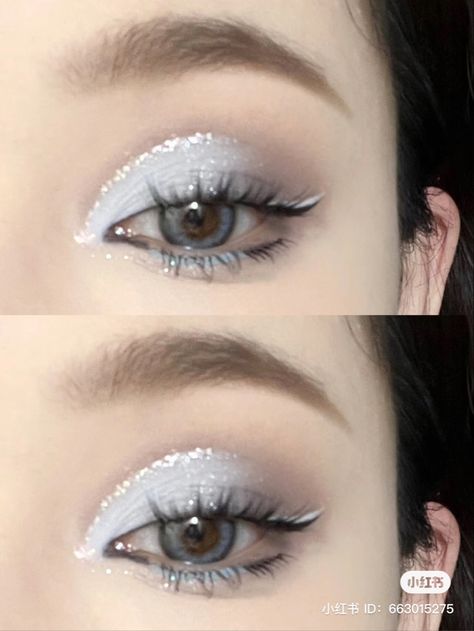 White Mermaid Makeup, Gray Douyin Makeup, White Douyin Makeup, Douyin Cut Crease, White Eyeshadow Makeup, Cute Aesthetic Makeup, White Eye Makeup, Cut Crease Eye Makeup, Monolid Makeup