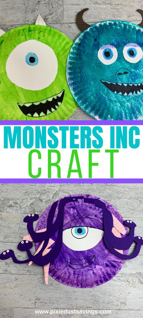 Character Crafts For Preschool, Disney Pixar Activities, Monster Inc Crafts Preschool, Monsters Inc Preschool Activities, Paper Plate Monsters For Kids, Disney Paper Plate Crafts, Pixar Activities For Kids, Disney Projects For Preschoolers, Pixar Crafts Preschool