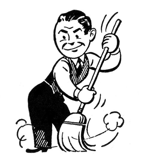 Retro Clip Art - Sweeping People - Cleaning - The Graphics Fairy Cartoon Characters Design Ideas, 50s Men, Cleaning Drawing, Bar Industrial, Vintage Clip Art, Modern Cartoon, Mid Century Illustration, Retro Images, Graphics Fairy