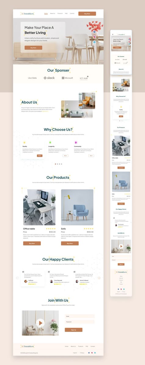 Hello!  
Here is the outcome of our exploration project of an e-commerce-based website landing page and its mobile responsiveness. It is a furniture company named “AE Furnishers”. The concept is kept simple and minimal in style, yet trendy and modern in aesthetics. 

Thank you.

I am available on freelance projects. Let’s create something wonderful together.

Contact: nusratema345@gmail.com

#websitedesign #website #design #webdesign #webapp #Furniture  #landingpage #ui #ux #design #ecommerce Website Design Mobile Web Layout, Best Website Design Layout, Simple Webpage Design, Simple Ecommerce Web Design, Clean Landing Page Design, Minimalist Landing Page Design, Clean Website Design Minimalist, Ecommerce Homepage Design, Minimalist Ecommerce Website Design