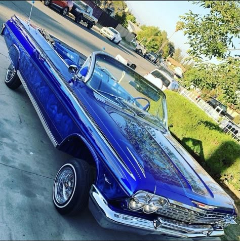 Royal Blue Lowrider, Blue Lowrider, 4 Door Convertible, Low Riders Cars, Low Rider Cars, Impala Car, Chicano Love, Lowrider Trucks, Dropped Trucks