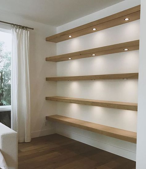 Floating Shelves With Lights, Recessed Shelves, Long Floating Shelves, Floating Shelves Living Room, Floating Bookshelves, Built In Shelves Living Room, Shelves Living Room, Home Library Design, Floating Shelves Diy