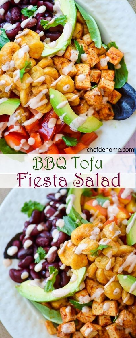 BBQ Tofu Fiesta Salad with Tangy Lime-Cream Dressing Bbq Dressing, Salad With Tofu, Exciting Salads, Fiesta Salad, South Beach Diet Recipes, Vegetarian Bbq, Bbq Tofu, Tofu Salad, Lime Cream