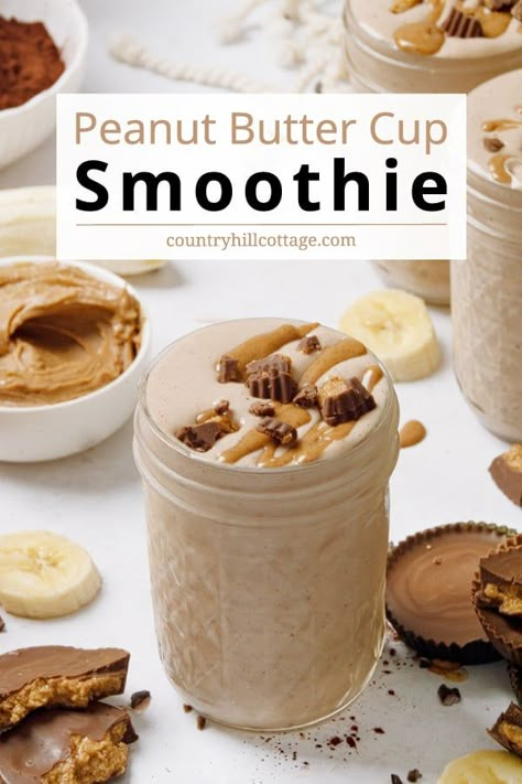 Tropical Smoothie Peanut Butter Cup, Peanut Butter Cup Protein Shake, Peanut Butter Smoothie Recipes, Peanut Butter Chocolate Smoothie, Peanut Butter Cup Smoothie, Peanutbutter Smoothie Recipes, Deficit Meals, Peanut Butter Shake, Tropical Smoothie Recipes