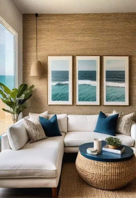 Living Room Ocean Theme, Sea Themed Living Room, Beachy House Decor, Adu Interior, Beach Inspired Living Room, Coastal Lounge, Beach Apartment Decor, Beachy Living Room, Living Room Coastal