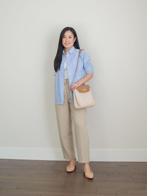 Blue Trousers Outfit Casual, Shirt With Trousers Women, Light Blue Long Sleeve Shirt Outfit, Light Blue And Beige Outfit, Blue Oxford Shirt Outfit Women, Light Blue And Brown Outfit, Beige And Blue Outfit, Light Blue Blouse Outfit, Blue And Beige Outfit