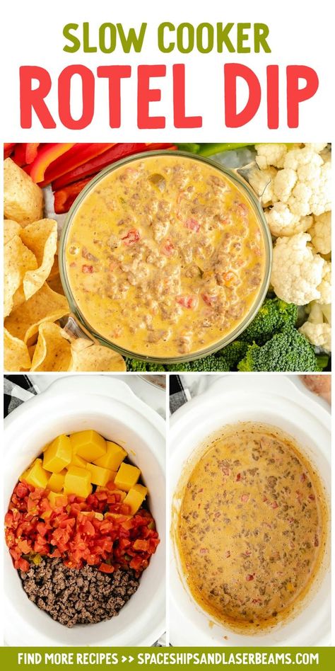 Slow Cooker Rotel Dip Gameday Dip Recipes, Easy Crockpot Recipes Dips, Nacho Dip With Ground Beef Crock Pot, Tailgate Potluck Ideas, Velvets And Rotel Dip, Easy Crockpot Dips 3 Ingredients, Dips To Make In Crockpot, Football Saturday Food, Rotel Dip With Ground Beef Crockpot