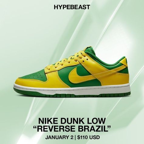 HYPEBEAST on Instagram: "@hypebeastkicks: Following an early glimpse of the @nike Dunk Low “Reverse Brazil,” we now have an official look at the pair.⁠ ⁠ Aptly named, this iteration takes the classic “Brazil” colorway from 2001 and flips it around. Contrary to the original, the sneaker has been outfitted in an “Apple Green” base, featuring eye-catching “Yellow Strike” overlays that hit the mudguards, lacing systems, heel counters, and medial Swooshes. Embroidered Nike lettering is then seen on t Nike Lettering, Embroidered Nike, Nike Dunk Low, Apple Green, Dunk Low, Nike Dunk, Nike Dunks, Brazil, Nike