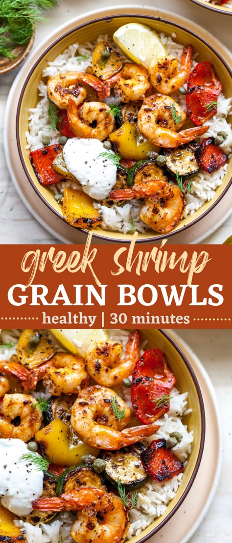 Healthy Grain Bowls, Shrimp Bowls, Allergy Diet, Greek Shrimp, Mediterranean Recipes Healthy, Mediterranean Diet Recipes Dinners, Med Diet, Healthy Bowls Recipes, Easy Mediterranean Diet