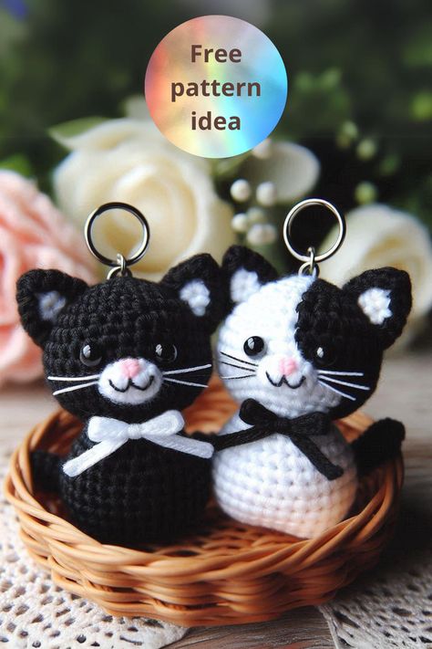 Crochet a charming Amigurumi Black and White Cat Couple with this easy pattern. These cute kittens, complete with bow ties, make perfect keychains or decorations! Crochet Patterns Free Beginner, Cat Couple, Crochet Cat Pattern, Cat Amigurumi, Black And White Cat, Cat Keychain, Crochet Keychain, Crochet Cat, Cute Kittens